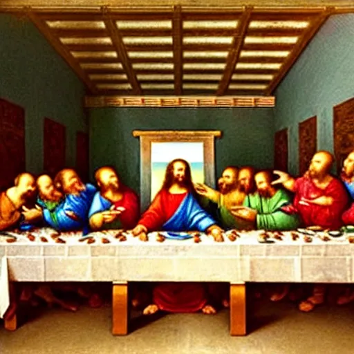 Prompt: the last supper by da Vinci with teddy bears instead of apostles, eating sashimi