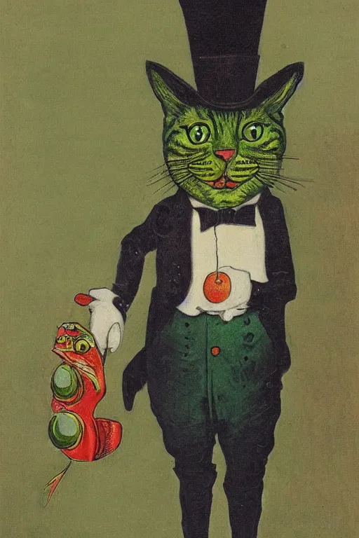 Image similar to 3 / 4 portrait of a cat wearing a top hat and a green three piece suit with a fish in its mouth, by louis wain and david tibet