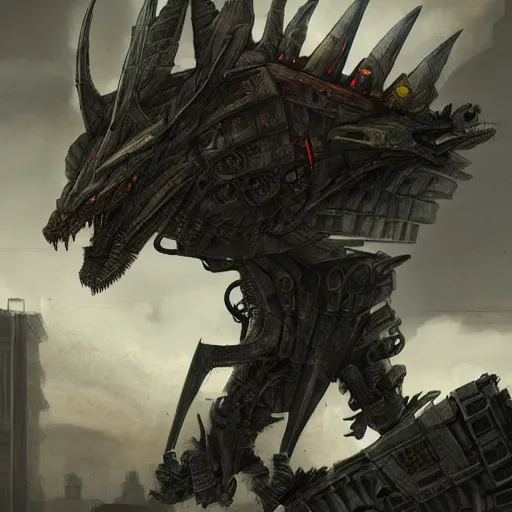 Image similar to high quality art of a mechanized dragon in an apocalyptic future, made of plates and armor, climbing over a destroyed building in a hazy radioactive atmosphere, roaring with an epic pose. furaffinity, deviantart, artstation, high quality