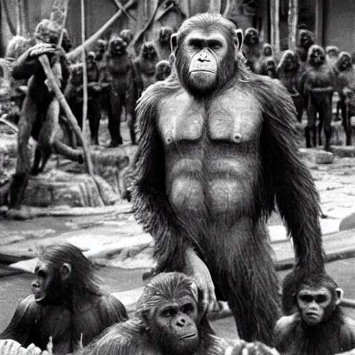 Image similar to still of planet of the apes 1 9 6 8, in madrid city