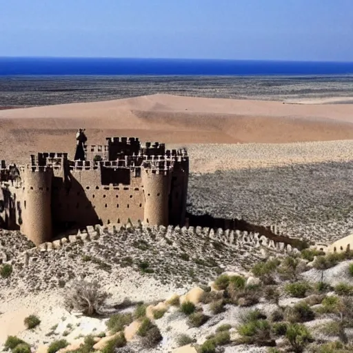 Prompt: desert next to the sea, huge castle