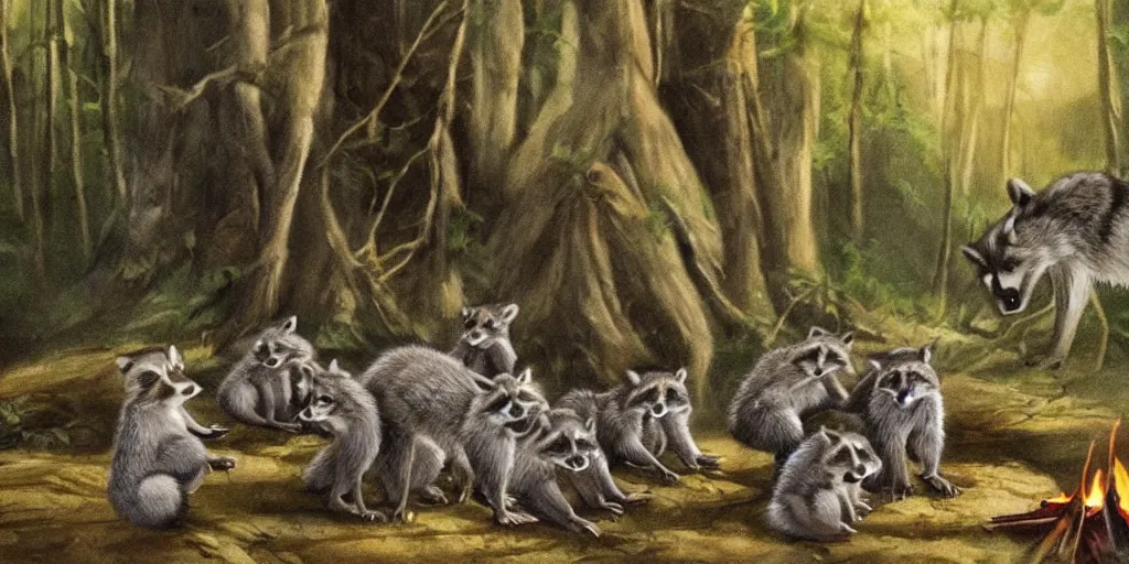 Prompt: A small group of racoons is sitting in the forest next to a campfire. There is a wolf sneaking from the side. Cinematic, very beautiful, painting in the style of Lord of the rings