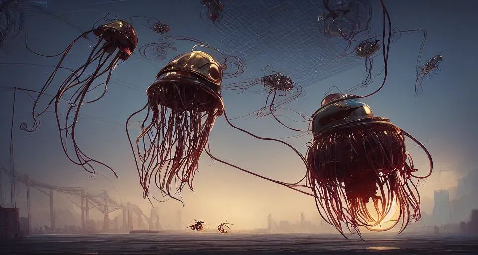 Image similar to insect robot jellyfish. intricate artwork by Tooth Wu and wlop and beeple and dan mumford and greg rutkowski. octane render, cinematic, hyper realism, octane render, golden hour