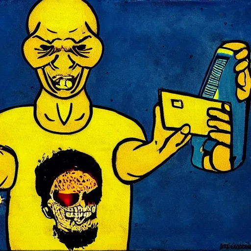 Image similar to selfie, radiation eats a funny ugly ukrainian alive wild pain and despair, painted in dirty yellow - blue colors against the backdrop of a huge nuclear explosion