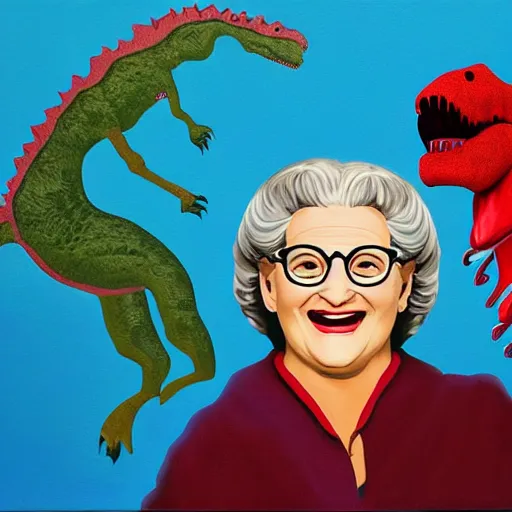 Image similar to postmodern painting of mrs doubtfire riding a dinosaur