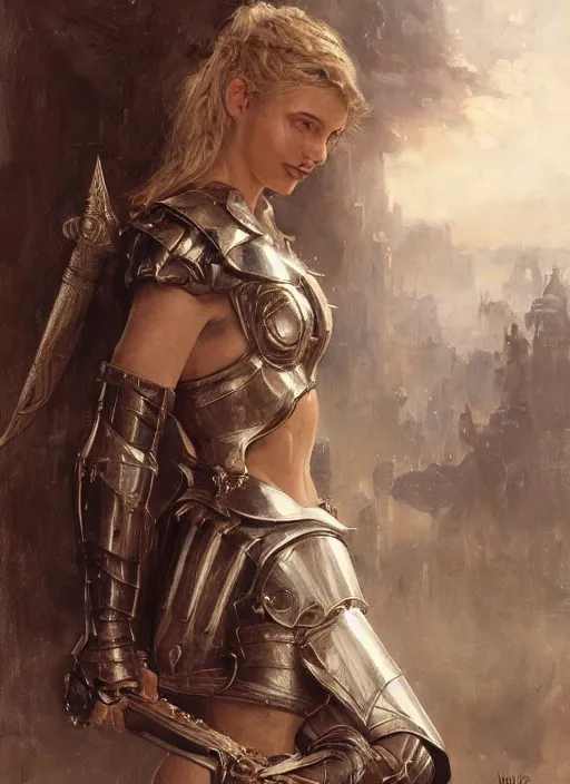 Image similar to short muscular blonde woman wearing realistic medieval armour, detailed by gaston bussiere, bayard wu, greg rutkowski, giger, maxim verehin, greg rutkowski, masterpiece, sharp focus, cinematic lightning