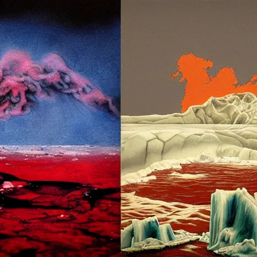 Image similar to horrific painting of an ice floe meeting magma!!!!!! in the middle, in the style of vintage photography, textured, skewed perspective, last photo ever taken, apocalyptic event, red color palette on left side and blue color palette on right side