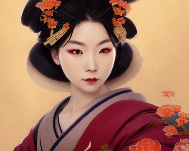 Prompt: photography of a beautiful japanese geisha, deep focus, d & d, fantasy, intricate, elegant, highly detailed, digital painting, artstation, concept art, matte, sharp focus, illustration, hearthstone, art by artgerm and greg rutkowski and alphonse mucha