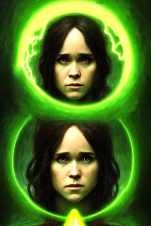 Image similar to ellen page as a dark sorceress with yellow glowing eyes casting a green spell, green lighting, fantasy character portrait, ultra realistic, concept art, intricate details, highly detailed by james bama, william adolphe bouguereau and frank frazetta
