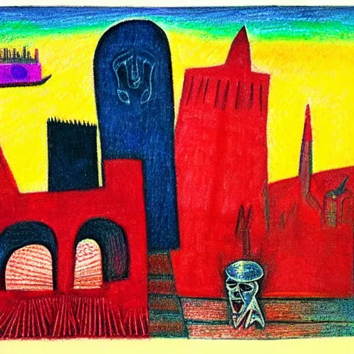 Prompt: bright, costume shocking by rufino tamayo. a beautiful drawing of a cityscape with tall spires & delicate bridges.