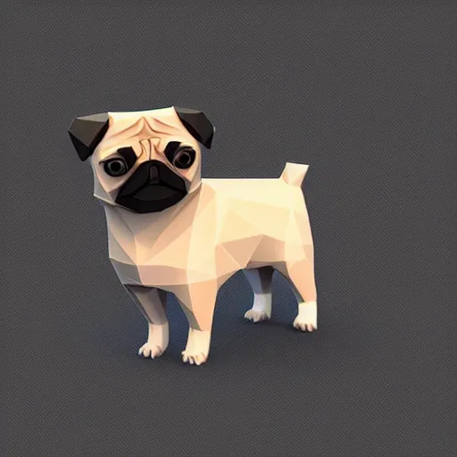 Prompt: Matte 3d low poly icon of a pug, isometric perspective on pure white background, 3D render, lat lighting