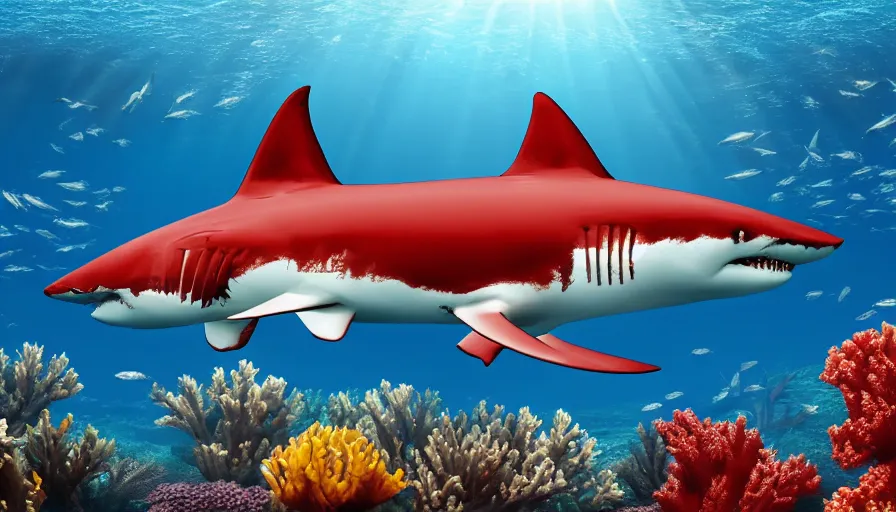 Image similar to a beautiful, noble, great white shark : 1, underwater scenery, beautiful colorful corals, remora and other sea creatures of the ocean - life, god - rays, volumetric lighting, 8 k, digital art