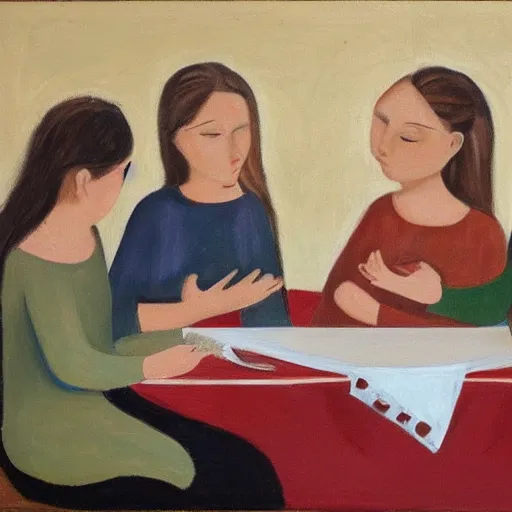 Prompt: four girls sitting and discussing life at a table, oil on canvas