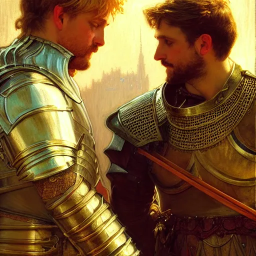 Image similar to attractive arthur pendragon and his attractive male knight, they are in love, natural lighting, path traced, highly detailed, high quality, digital painting, by gaston bussiere, craig mullins, alphonse mucha j. c. leyendecker