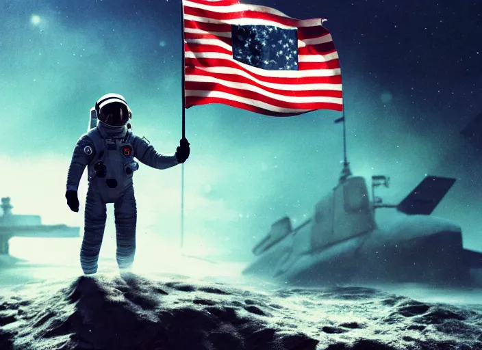 Image similar to astronaut holding a flag in an underwater desert. a submarine is visible in the distance. dark, concept art, cinematic, dramatic, atmospheric, 8 k, trending on artstation, blue, fish, low visibility, light rays, extremely coherent, bubbles, fog, ocean floor, christopher nolan, interstellar