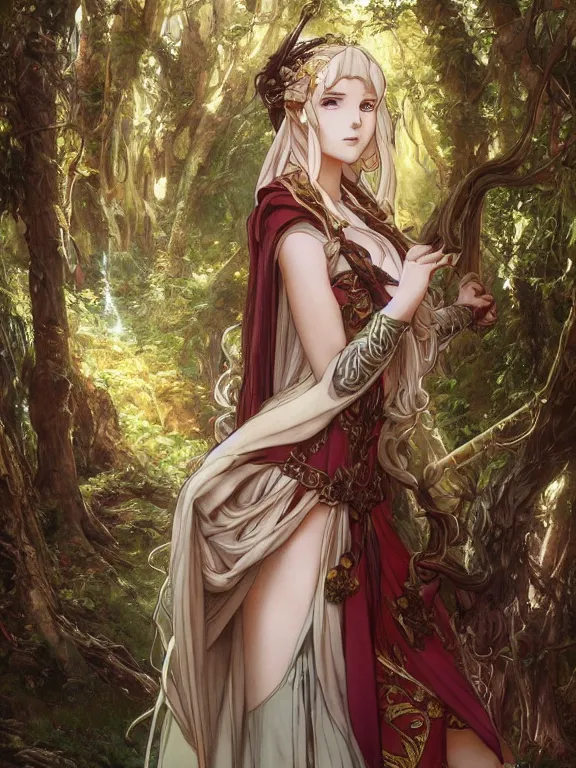 Image similar to anime key visual of amora the enchantress wearing a medieval gown!! intricate, magical forest, stunning, highly detailed, digital painting, artstation, smooth, hard focus, illustration, art by artgerm and greg rutkowski and alphonse mucha