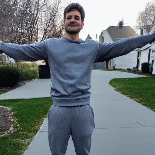 Image similar to Rocco Botto wearing gray sweatshirt and gray sweatpants and gray 👟 standing in a T-pose on a suburban residential street.