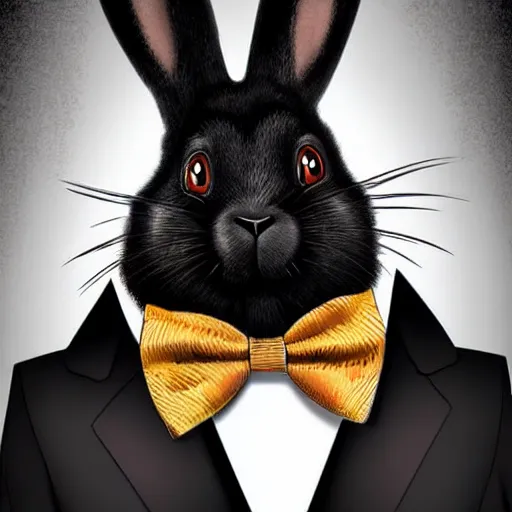 Image similar to A extremely highly detailed majestic hi-res beautiful, highly detailed head and shoulders portrait of a scary terrifying, horrifying, creepy black cartoon rabbit with a bowtie and scary big eyes, earing a shirt laughing, hey buddy, let's be friends, in the style of Walt Disney