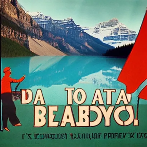 Image similar to soviet style propaganda convincing people to stay at Lake Louise in Banff National park