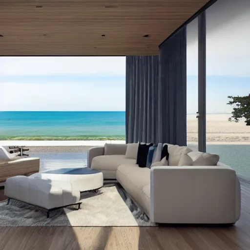 Image similar to contemporary interior design, beach house with luxurious living room and a scenic view of the sea and sun, photorealistic, ultra-detailed, high resolution, HDR shot