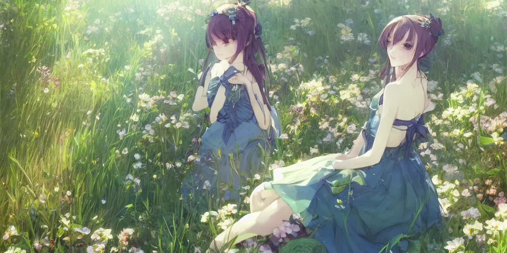 Image similar to a depressed digital art, loli in dress, garden, green and warm theme, blue accents, back lighting, highly detailed, 4 k resolution, trending on art station, by krenz cushart and mucha and akihito yoshida and greg rutkowski and makoto shinkai