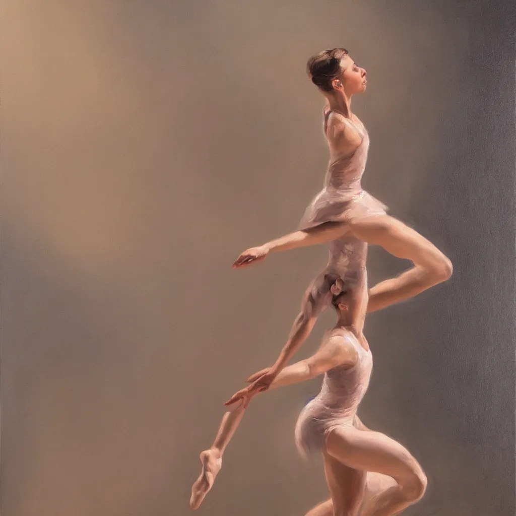 Image similar to a stunning oil painting of a singular ballerina in a spotlight, arabesque