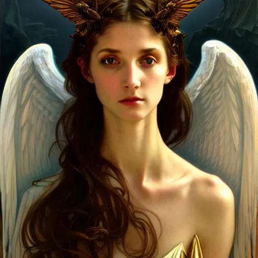 Prompt: Winged girl angel, face, fantasy, intricate, elegant, dramatic lighting, highly detailed, lifelike, photorealistic, digital painting, artstation, concept art, smooth, sharp focus, illustration, art by John Collier and Krenz Cushart and Artem Demura and Alphonse Mucha and Jean-Leon Gerome and and Albert Aublet