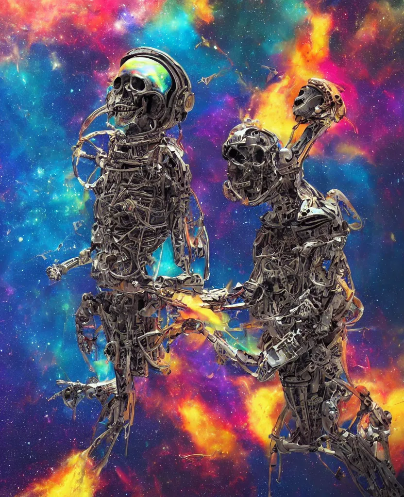 Prompt: a psychedelic cosmonaut skeleton melting tearing his suit off, rainbow melting color scheme, floating in the cosmos nebula, glass space helmet, in front of a destroyed retrofuturism spaceship covered in old technology, greg rutkowski artstation, hyperrealist, cinema4D, 8k highly detailed ❤️‍🔥 🔥 💀 🤖 🚀