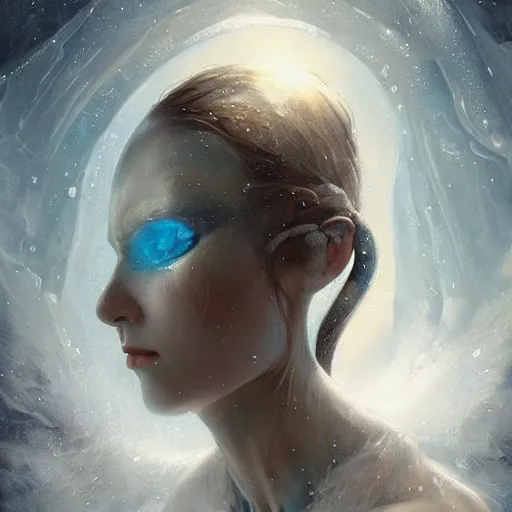 Image similar to a hyperrealistic illustration of a human in the Arctic, snow on the body, blue transparent ice with fractal sunlight, award-winning, masterpiece, in the style of Tom Bagshaw, Cedric Peyravernay, Peter Mohrbacher