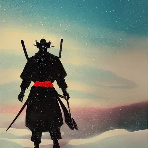 Prompt: a painting of a samurai silhouette in the snow, poster art by otomo katsuhiro and by petros afshar, cgsociety, nuclear art, reimagined by industrial light and magic, official art, poster art