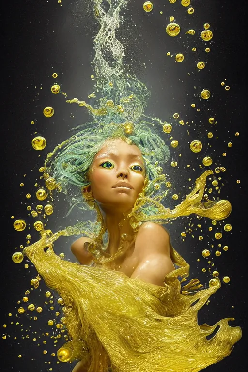 Image similar to epic 3 d oshun, liquid hands and feet spinning, 2 0 mm, with gold and yellow fresh water, melting smoothly into asymmetrical bubbles and fish, liquid, delicate, beautiful, intricate, houdini sidefx, trending on artstation, by jeremy mann and ilya kuvshinov, jamie hewlett and ayami kojima