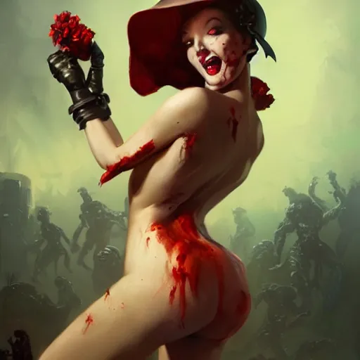 Image similar to pinup zombie from doom eternal, painted by stanley lau and gil elvgren, painted by greg rutkowski, painted by stanley, artgerm, masterpiece, digital art, trending on arts