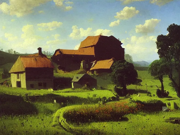 Image similar to an oil painting of a small farm in a vivid meadow on a beautiful morning by beksinski carl spitzweg and tuomas korpi. baroque elements, full-length view. baroque element. intricate artwork by caravaggio. Trending on artstation. 8k