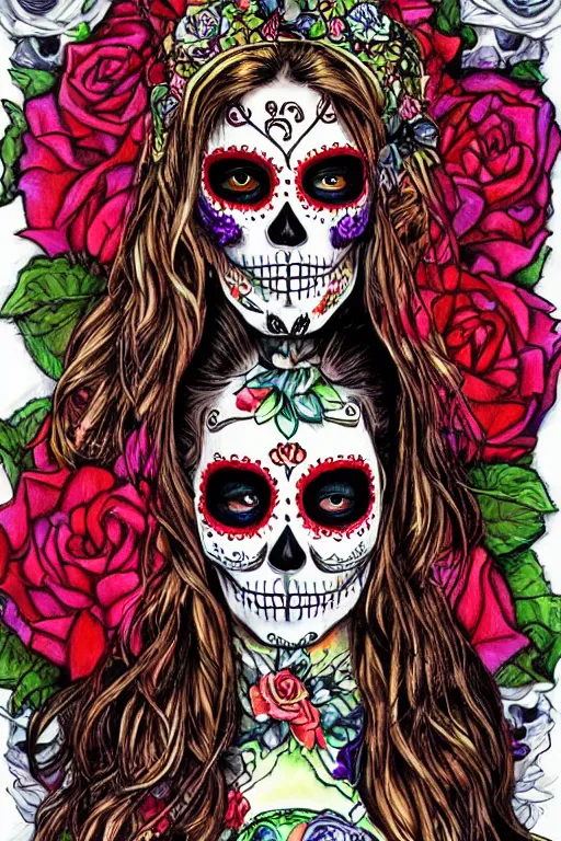 Prompt: illustration of a sugar skull day of the dead girl, art by ayami kojima