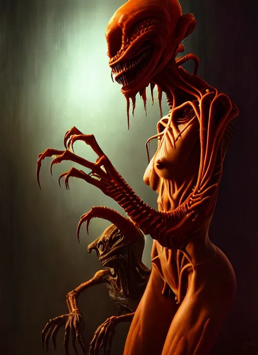 Image similar to ultra realist horror painting of a dimly lit attractive alien female and hellish creature together, very intricate details, focus, curvy figure, model pose, full frame image, artstyle hiraku tanaka and craig mullins, award winning