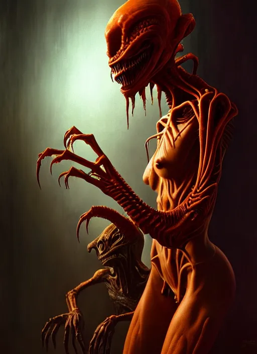 Prompt: ultra realist horror painting of a dimly lit attractive alien female and hellish creature together, very intricate details, focus, curvy figure, model pose, full frame image, artstyle hiraku tanaka and craig mullins, award winning