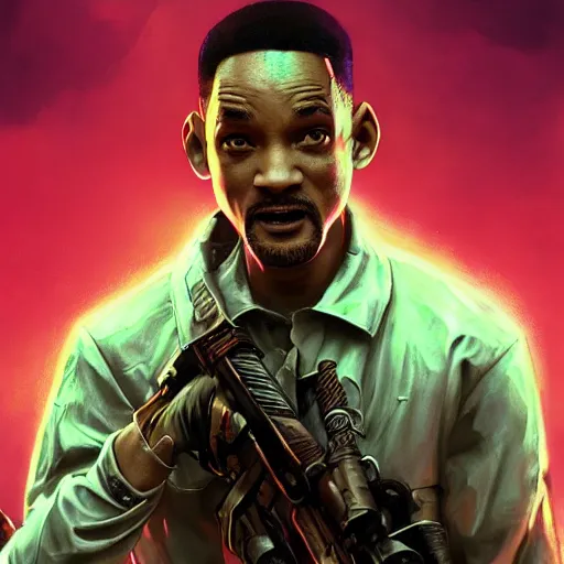 Image similar to eighties will smith as a zombie, 7 days to die zombie, fine art, award winning, intricate, elegant, sharp focus, cinematic lighting, highly detailed, digital painting, 8 k concept art, art by guweiz and z. w. gu, masterpiece, trending on artstation, 8 k