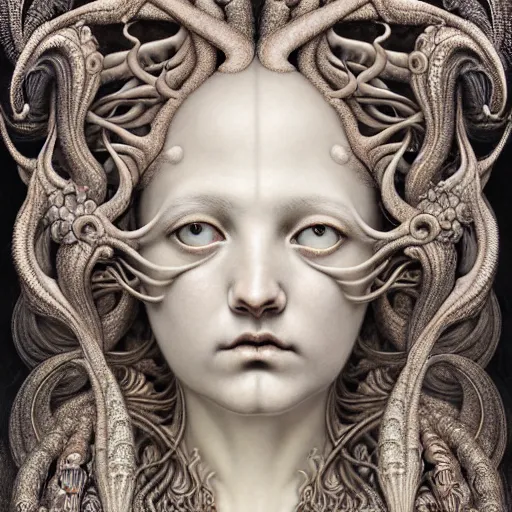 Prompt: detailed realistic porcelain beautiful calaveras goddess face portrait by jean delville, gustave dore, iris van herpen and marco mazzoni, art forms of nature by ernst haeckel, art nouveau, symbolist, visionary, gothic, neo - gothic, pre - raphaelite, fractal lace, intricate alien botanical biodiversity, surreality, hyperdetailed ultrasharp octane render