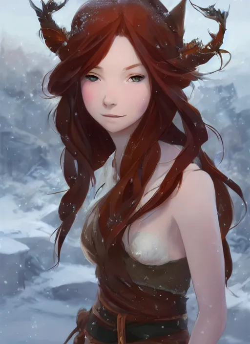 Image similar to an elven girl with long flowing auburn hair in the snow. By Makoto Shinkai, Stanley Artgerm Lau, WLOP, Rossdraws, James Jean, Andrei Riabovitchev, Marc Simonetti, krenz cushart, Sakimichan, trending on ArtStation, digital art.