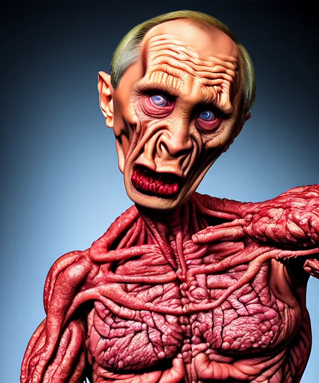 Image similar to hyperrealistic rendering, cronenberg flesh monster vladimir putin by art of skinner and richard corben and jeff easley, product photography, action figure, sofubi, studio lighting, colored gels