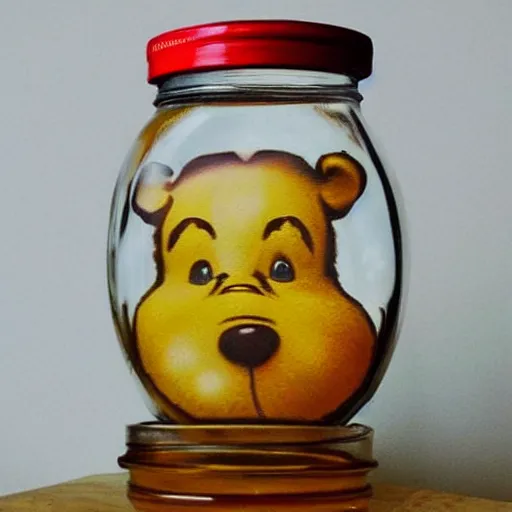 Image similar to a jar - sized winnie the pooh head = a jar of honey, surreal, realism