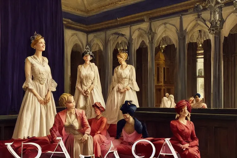 Image similar to a beautiful surreal portrait of a congregation of royal women. Detailed masterpiece. Intricate features. Edward Hopper, Martine Johanna, Roger Deakin’s cinematography, by J. C. Layendecker and Peter Paul Rubens