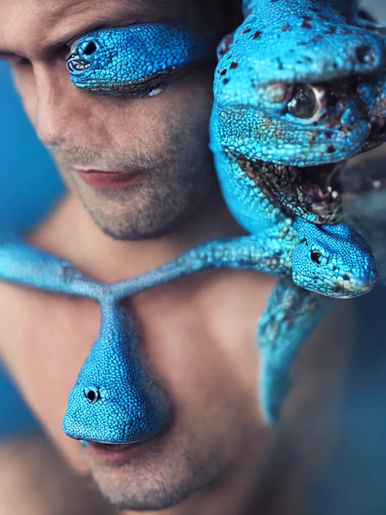 Prompt: man with blue lezard skin, photography portrait, cinematic, high quality, cgsociety, artgerm, 4 k, uhd, 5 0 mm, trending on artstation