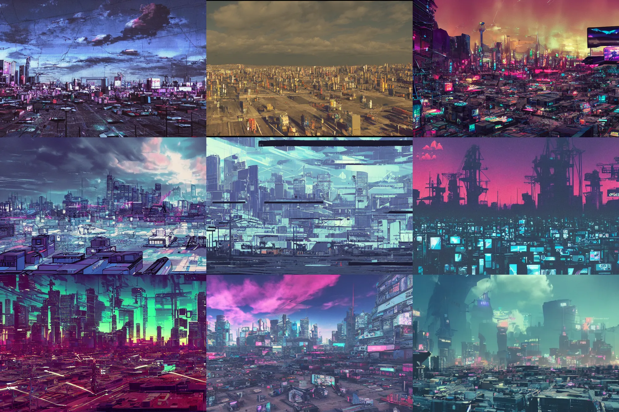 Prompt: The sky above the port was the color of television, tuned to a dead channel, cyberpunk