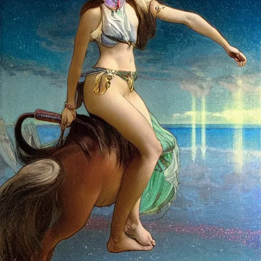 Image similar to Demon girl riding the horse at the palace, refracted sparkles, thunderstorm, greek pool, beach and Tropical vegetation on the background major arcana sky, by paul delaroche, alphonse mucha and arnold böcklin, hyperrealistic 8k, award-winning, very very very detailed