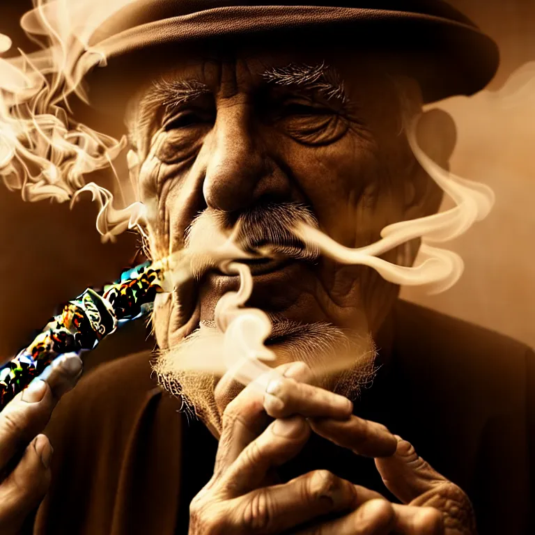 Image similar to a detailed portrait of an old man, smoking a lit perfectly symmetrical cuban cigar, cinematic photography, smoke rising like clouds, beautifully symmetrical, super resolution, cgi, trending on art station, volumetric lighting & shadows, hyper detailed, 8 k, unreal engine, canon 2 0 0 mm,