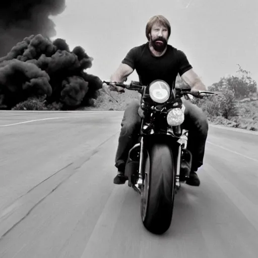 Image similar to a candid shot of Chuck Norris riding a giant motorcycle towards the camera, explosions in the background, 30 mm