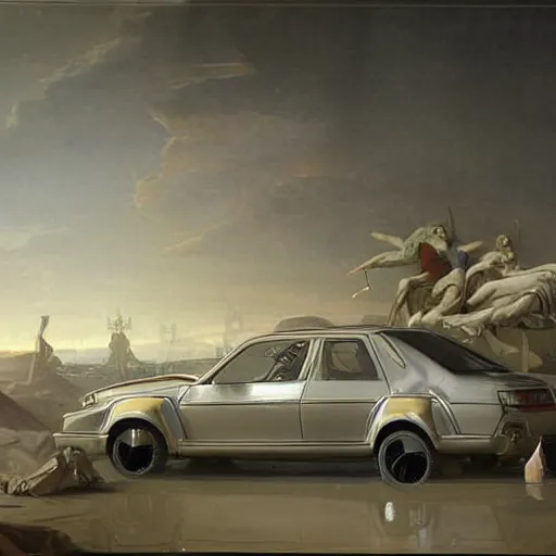 Prompt: sci fi car transport design organic smooth elastic forms 30% of canvas; wall structure on the coronation of napoleon painting 20% of canvas; by Jacques-Louis David, pinterest keyshot product render, cloudy plastic ceramic material shiny gloss water reflections, ultra high detail ultra realism, 4k