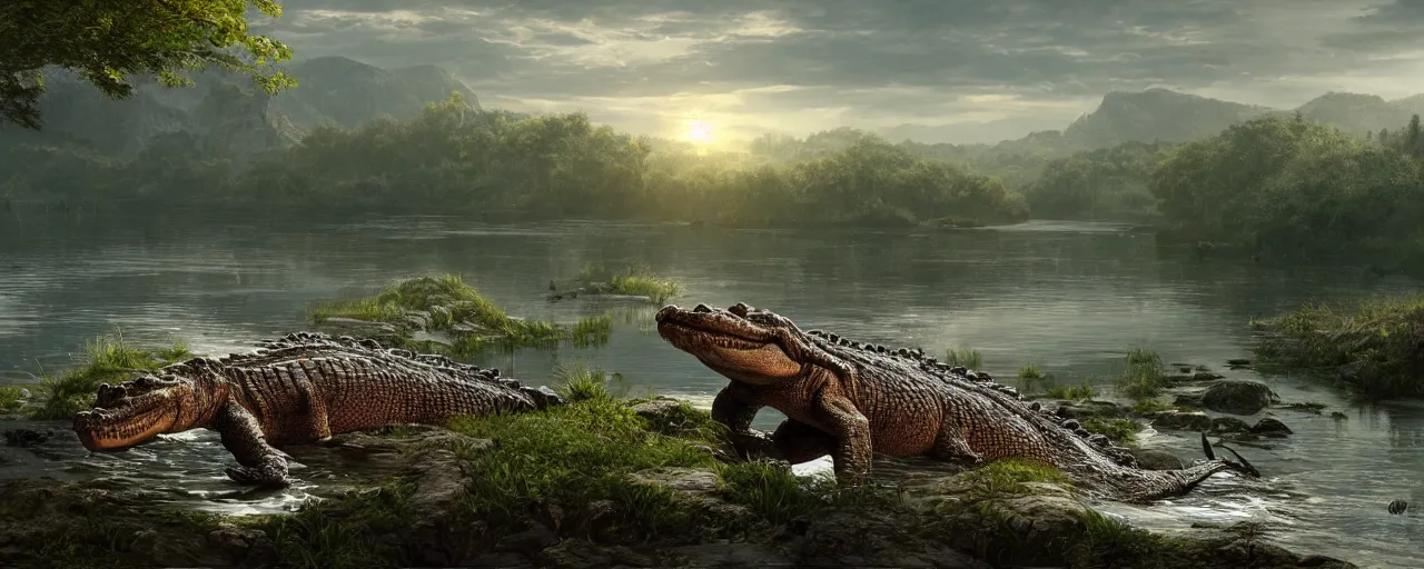 Image similar to crocodile next to river, beautiful dynamic lighting, cinematic, wide angle establishing shot, extremely high detail, photo realistic, cinematic lighting, post processed, concept art, artstation, matte painting, style by frederic church, raphael lacoste, unreal engine 8 k