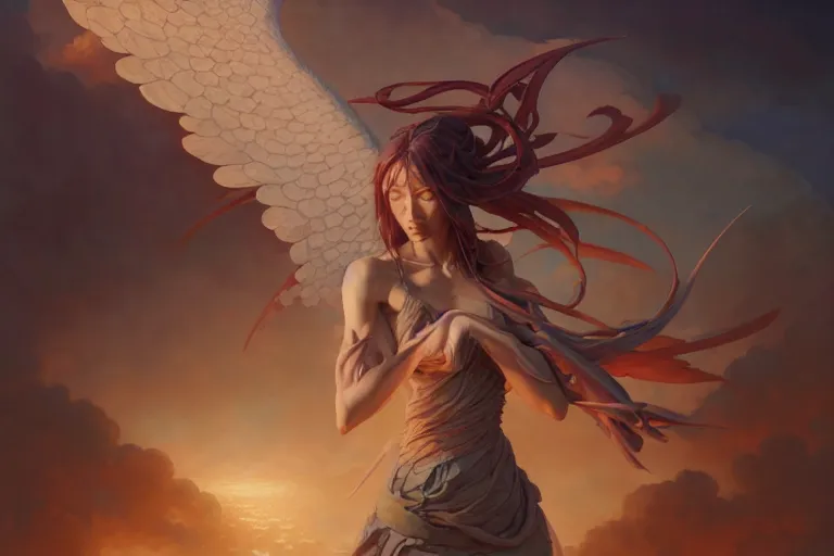 Image similar to an angel woman, jesper ejsing, james jean, justin gerard, tomasz alen kopera, cgsociety, fenghua zhong, makoto shinkai, octane render, highly detailed, rim light, art, cinematic lighting, very coherent, hyper realism, high detail, 8 k